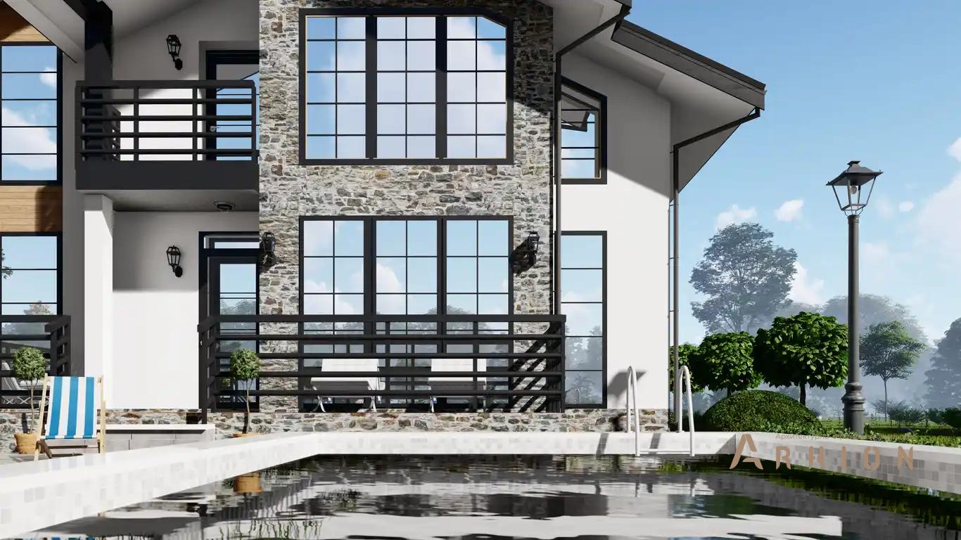 4. Проект одноэтажного дома в современном стиле с двускатной кровлей, h-1611, площадью - 195 кв c мансардой, терассой, балконом, бассейном